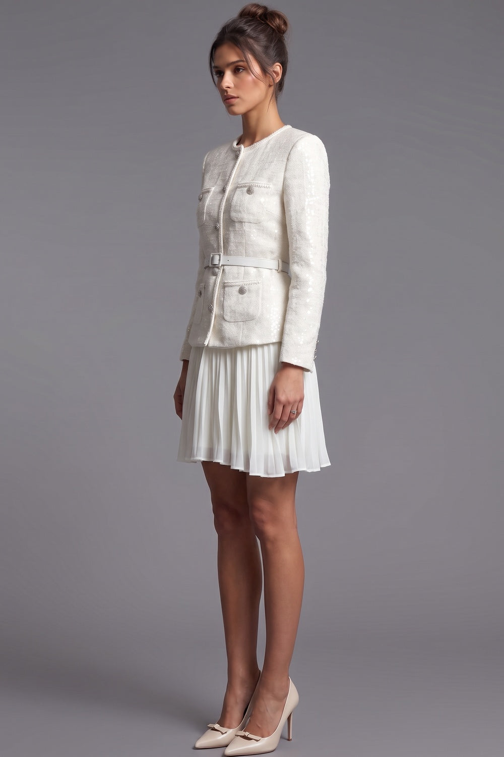 Off-White Tweed Skirt Suit Set with Peplum Jacket and Pleated Mini Skirt off-white, cream tweed skirt suit set - product view 5