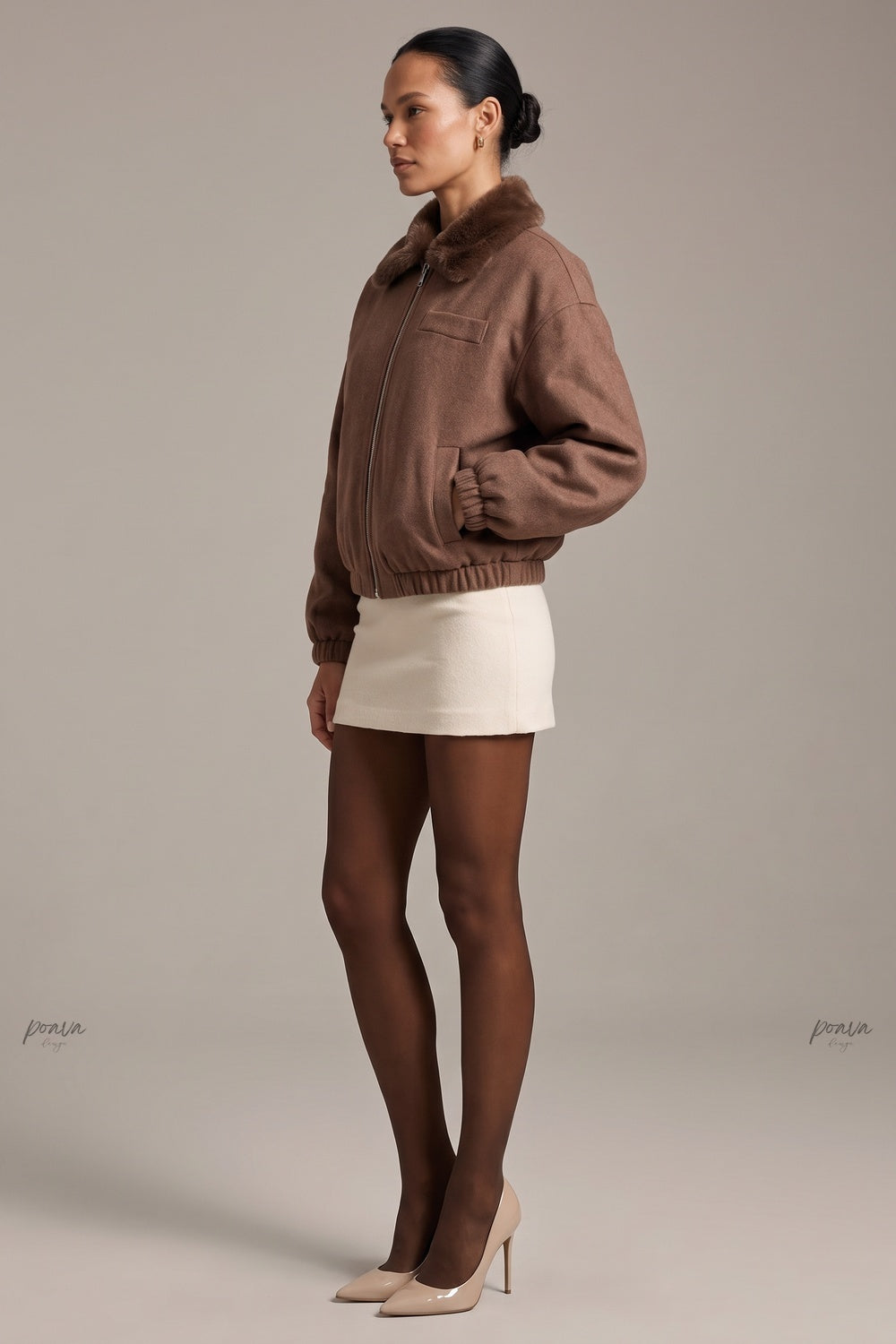 Medium Brown Boxy Bomber Jacket with Faux Fur Collar medium brown brushed woven fabric bomber jacket - product view 5