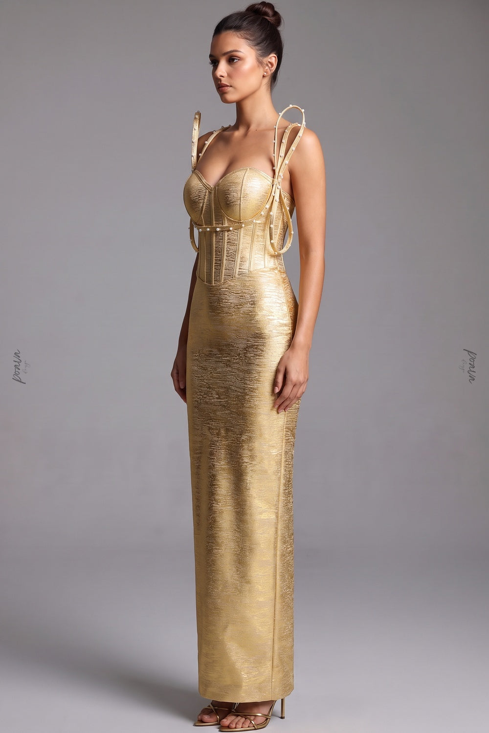 Gold Metallic Foil-Coated Column Maxi Dress with Sculptural Loop Straps gold metallic foil-coated fabric dress - product view 5