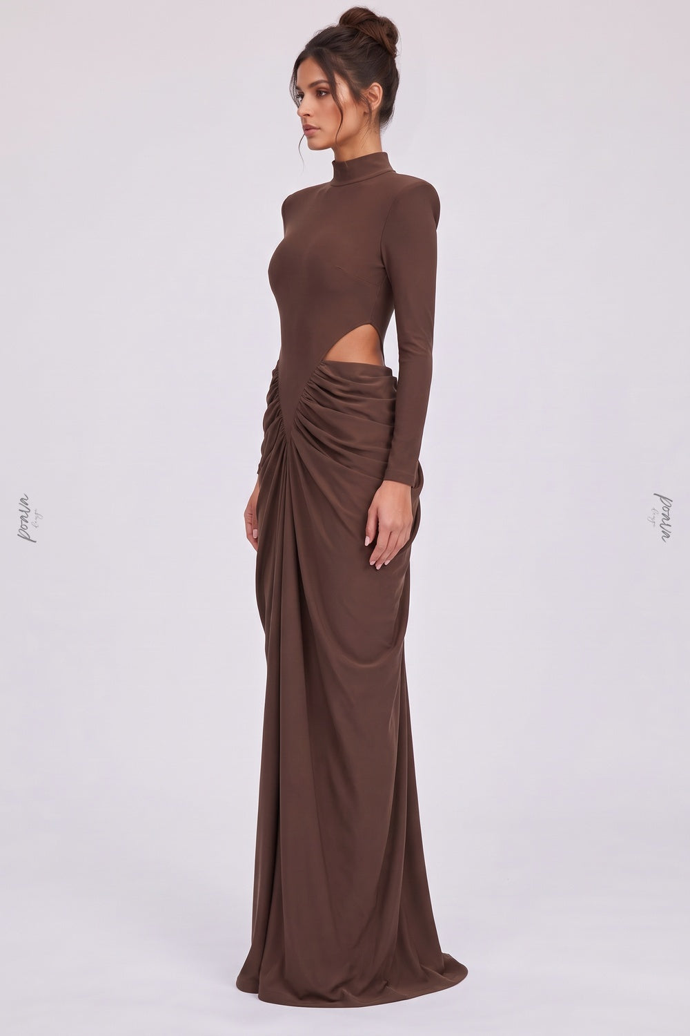 Chocolate Brown Matte Jersey Column Gown with Structured Shoulders chocolate brown matte stretch jersey gown - product view 5
