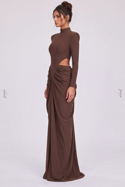 Chocolate Brown Matte Jersey Column Gown with Structured Shoulders chocolate brown matte stretch jersey gown - product view 5