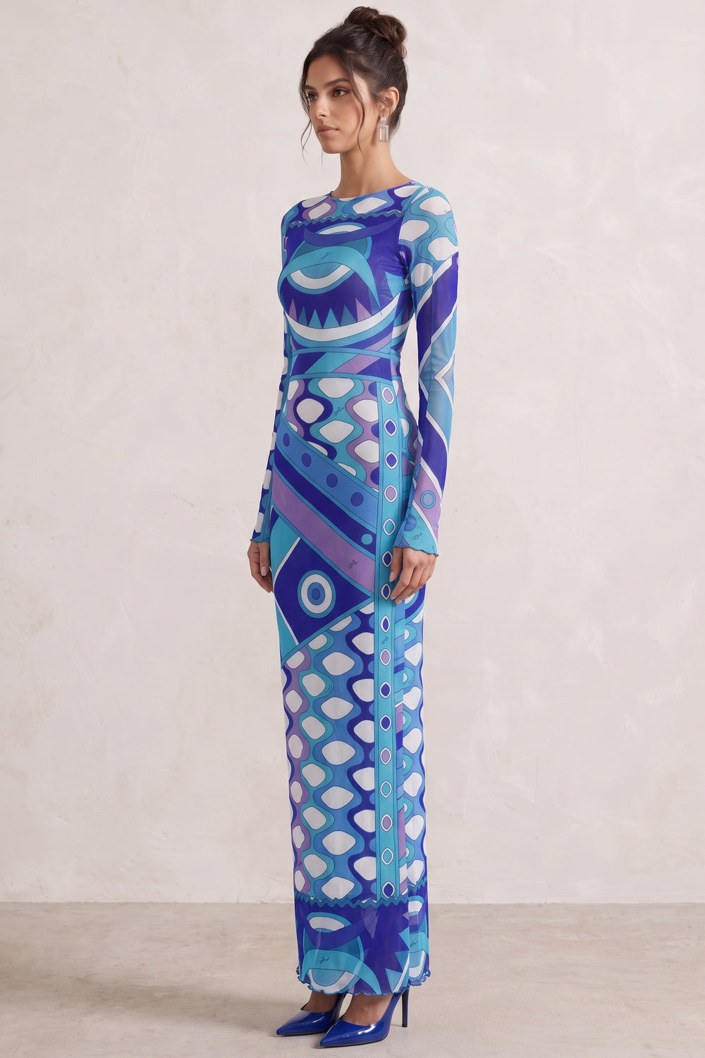 Blue Purple Geometric Abstract Column Maxi Dress in Stretch Mesh blue, purple stretch mesh maxi dress - product view 5