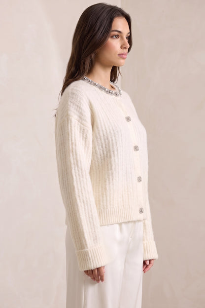 Off-White Mohair Cardigan with Rhinestone Trim off-white mohair-blend knit cardigan - product view 5