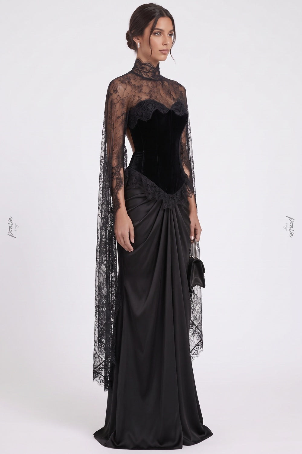 Black Velvet Corset Evening Gown with Lace Cape Sleeves and Satin Skirt black velvet bodice, satin skirt evening gown - product view 5