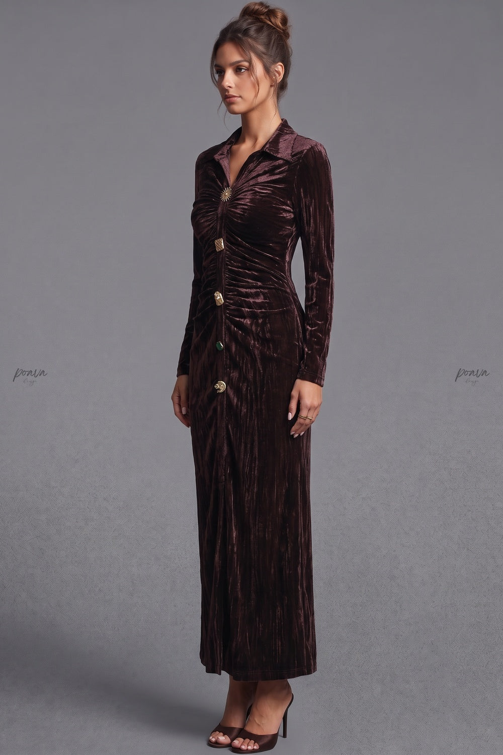 Dark Brown Crushed Velvet Column Maxi Shirt Dress dark brown crushed velvet maxi shirt dress - product view 4