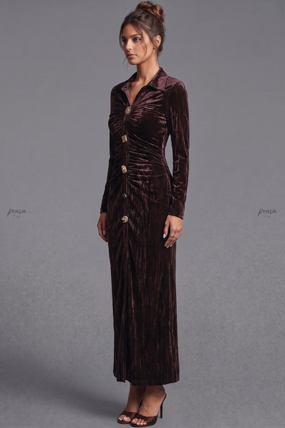 Dark Brown Crushed Velvet Column Maxi Shirt Dress dark brown crushed velvet maxi shirt dress - product view 4