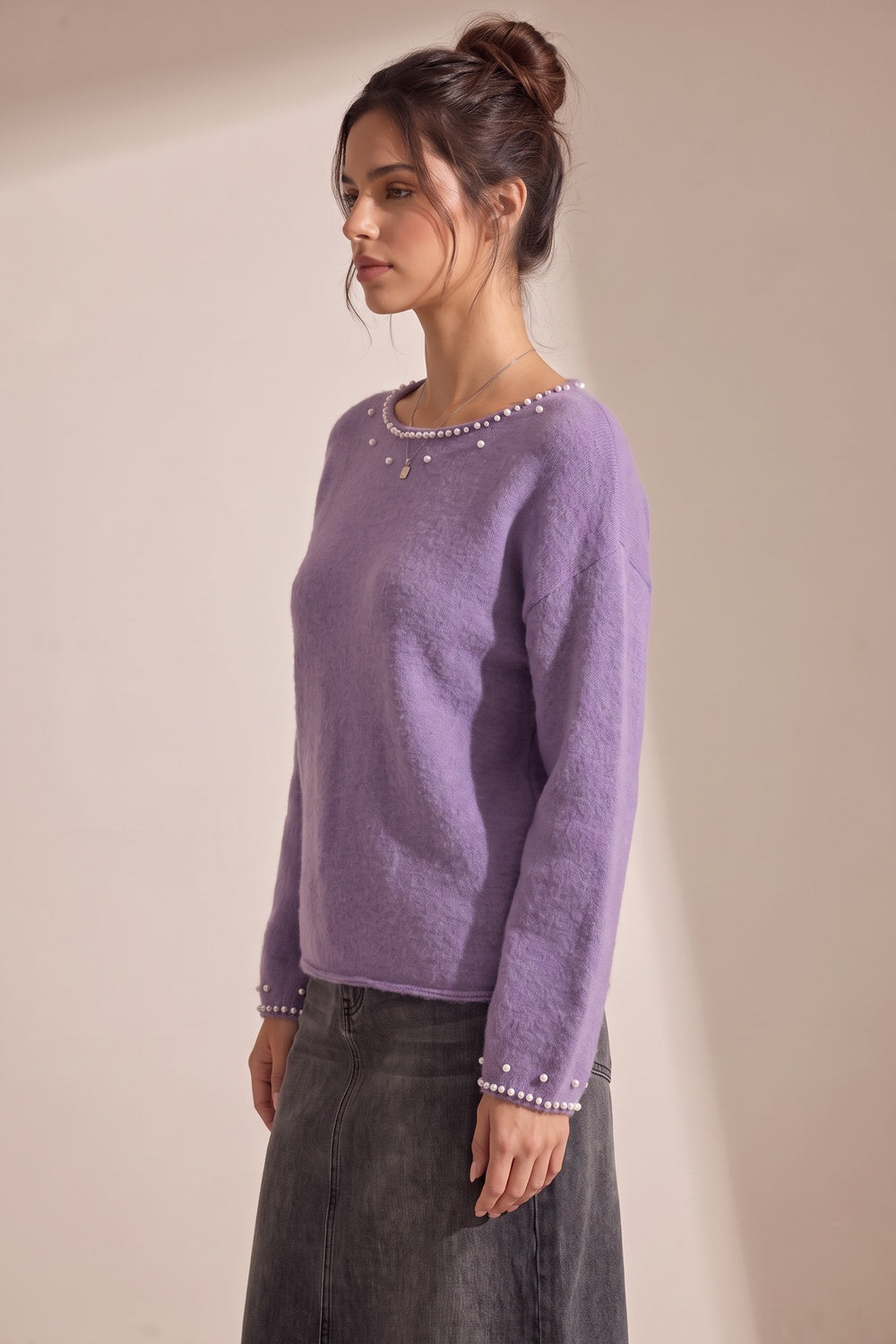 Lavender Purple Brushed Knit Pearl Embellished Sweater lavender purple brushed knit sweater - product view 5