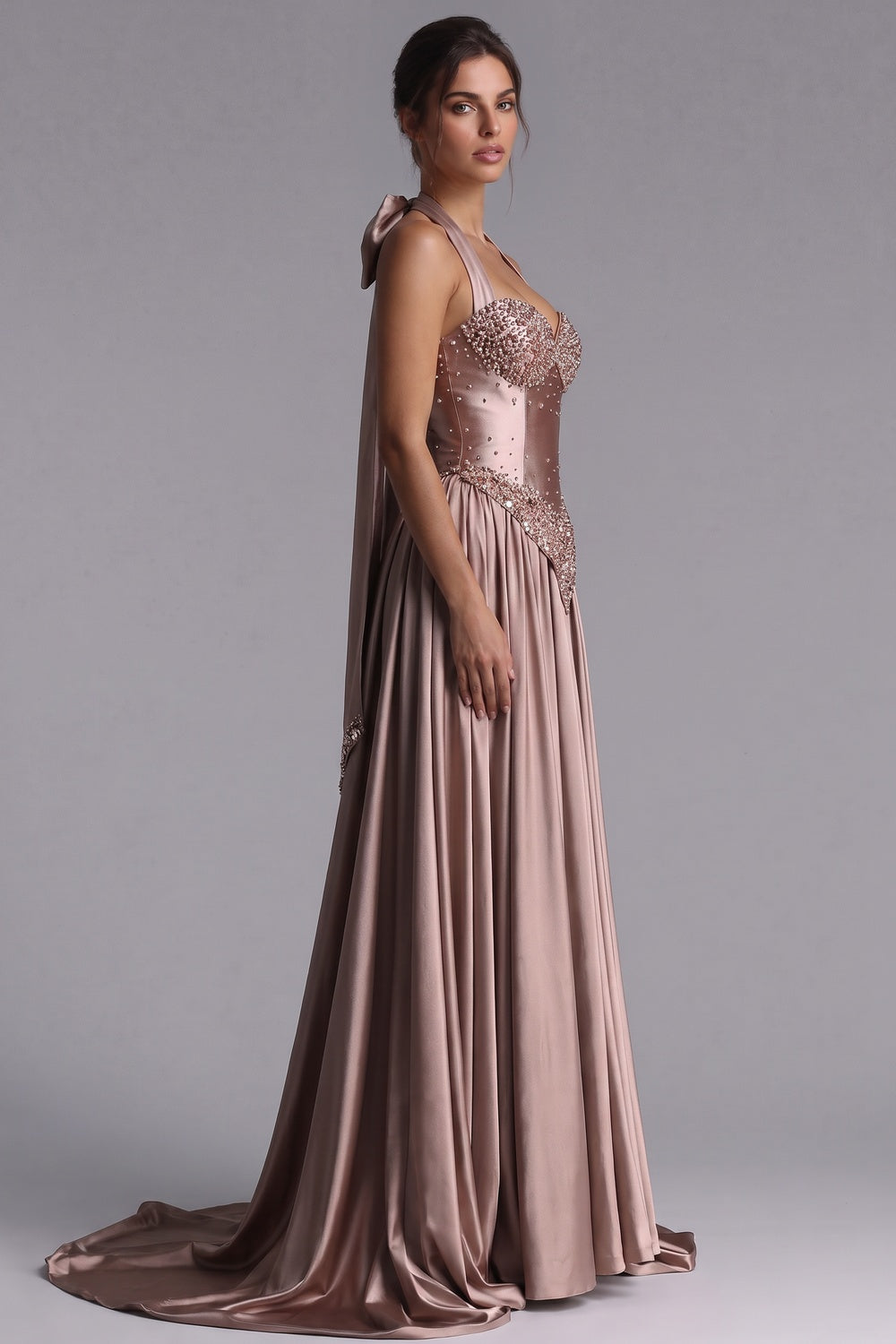 Rose Gold Satin A-Line Evening Gown rose gold, dusty rose satin evening gown - product view 5