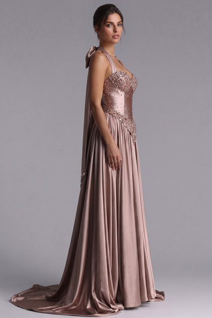 Rose Gold Satin A-Line Evening Gown rose gold, dusty rose satin evening gown - product view 5