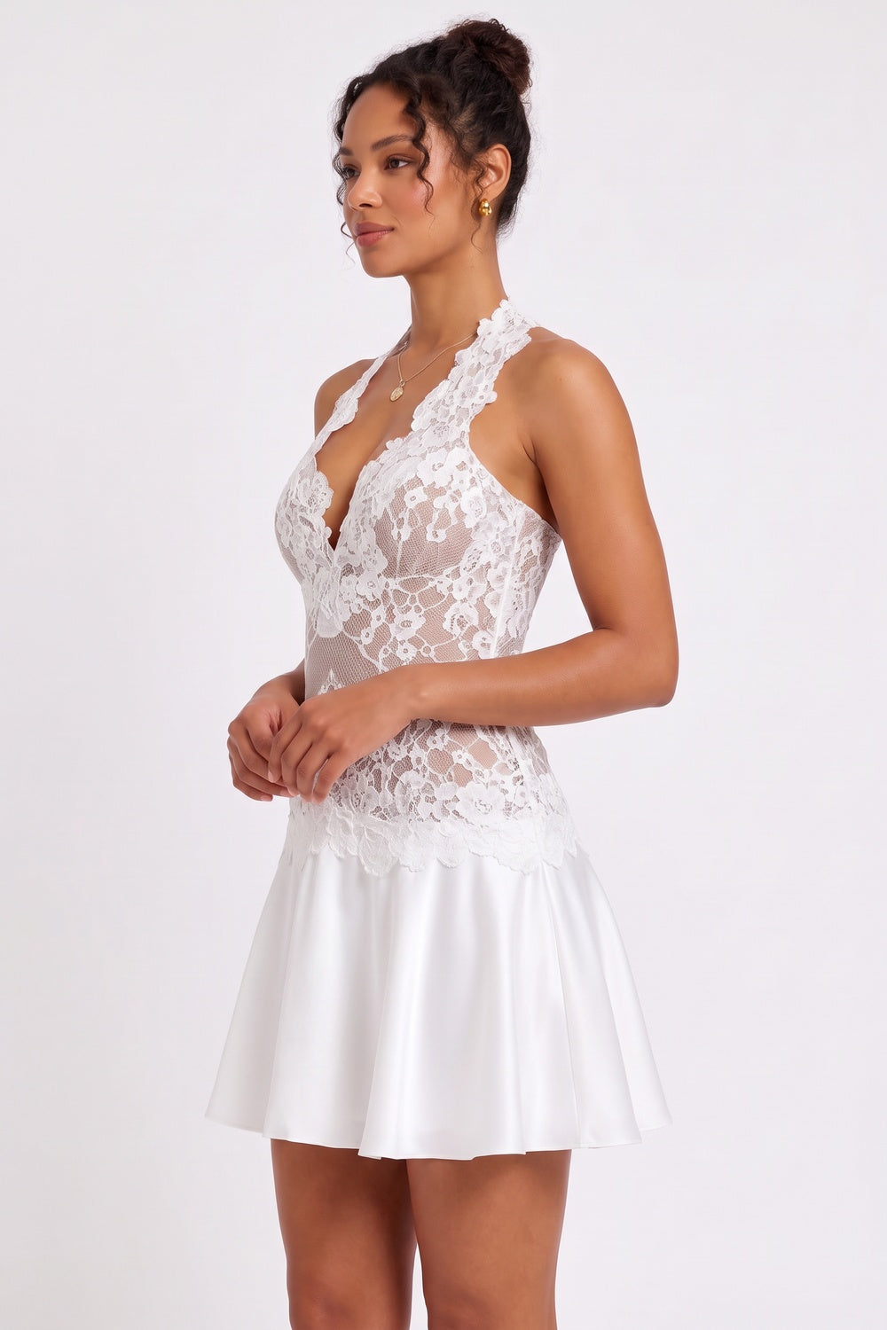 White Halter Lace Mini Dress Premium Fabric - product view 4