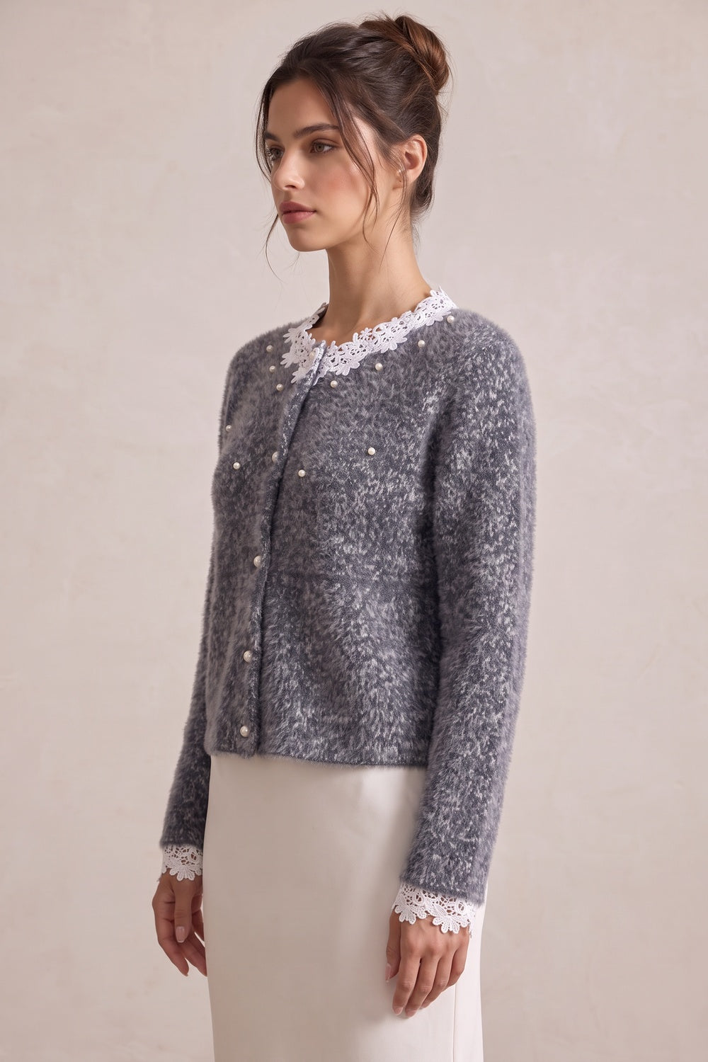 Grey Fuzzy Marled Knit Boxy, Slightly Cropped Cardigan grey, white fuzzy marled knit cardigan - product view 5