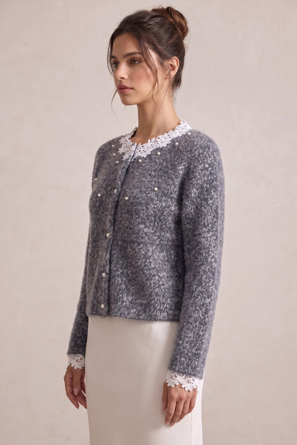 Grey Fuzzy Marled Knit Boxy, Slightly Cropped Cardigan grey, white fuzzy marled knit cardigan - product view 5
