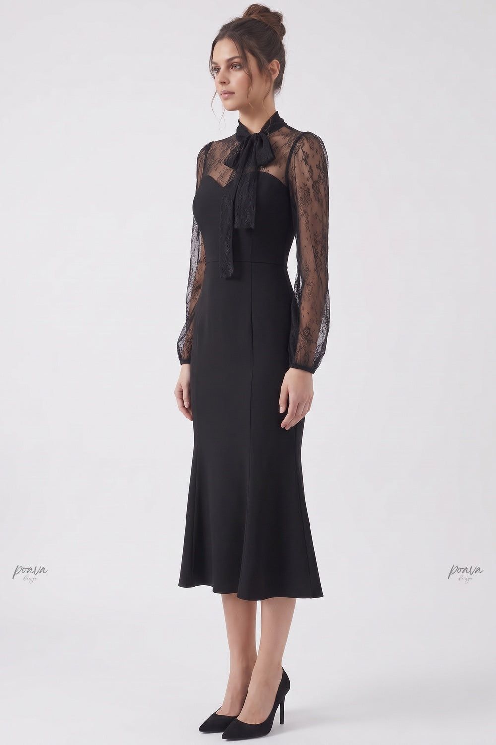 Black Crepe Mermaid Dress with Sheer Floral Lace Sleeves black crepe dress - product view 5