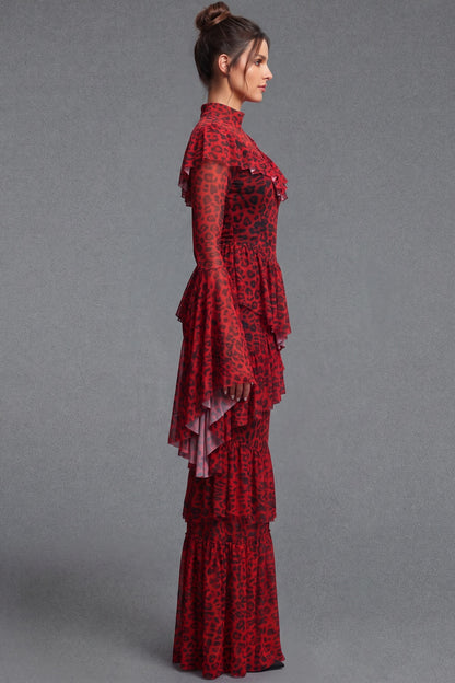 Red Sheer Mesh Tiered Maxi Dress red sheer mesh dress - product view 5
