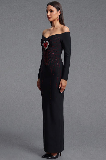 Black Heavy Stretch Crepe Column Gown with Rhinestone Heart Embellishment black heavy stretch crepe gown - product view 5