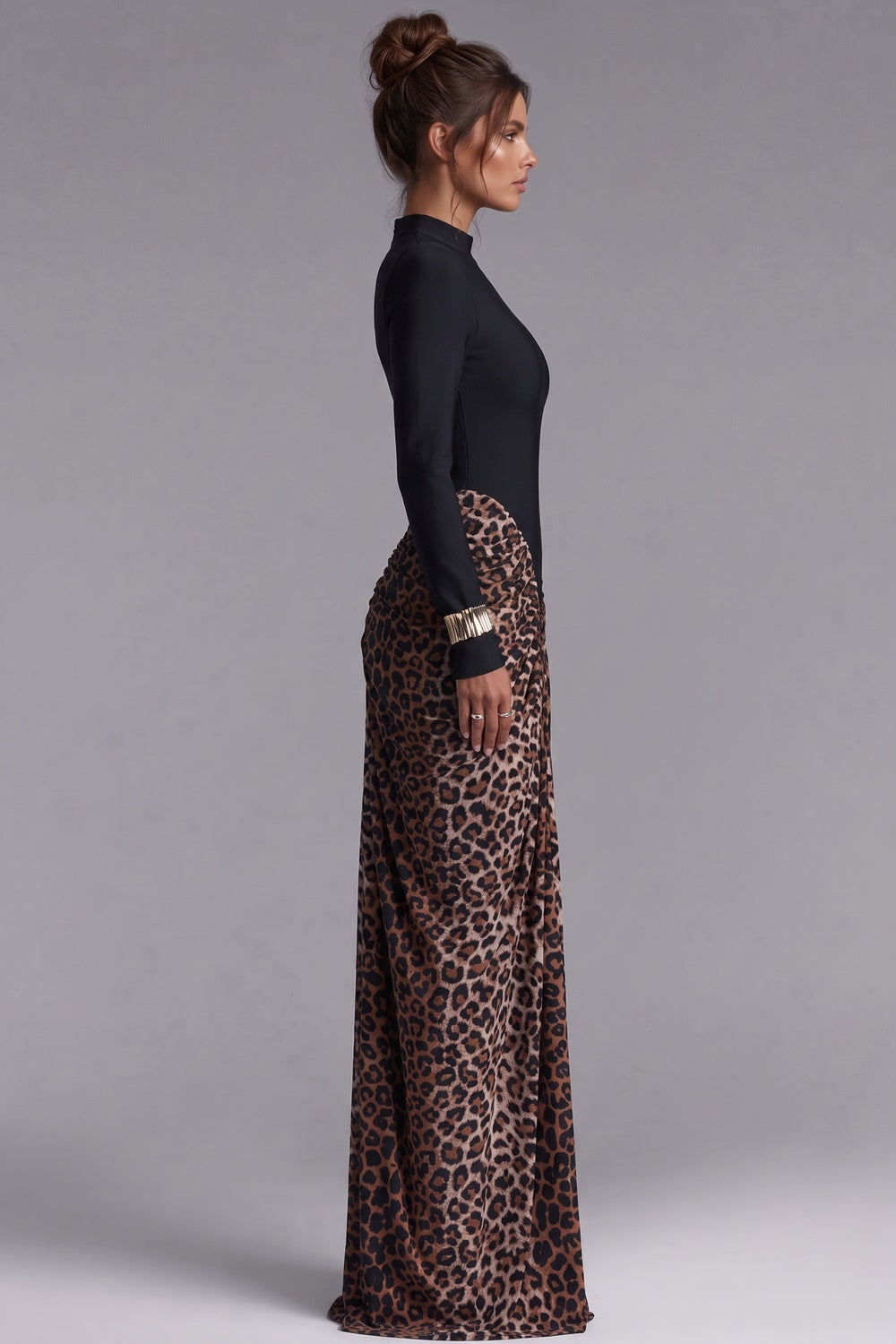 Black Matte Stretch Knit Maxi Dress with Leopard Print Draped Skirt black matte stretch knit maxi dress - product view 5