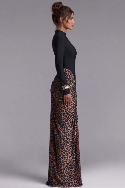 Black Matte Stretch Knit Maxi Dress with Leopard Print Draped Skirt black matte stretch knit maxi dress - product view 5