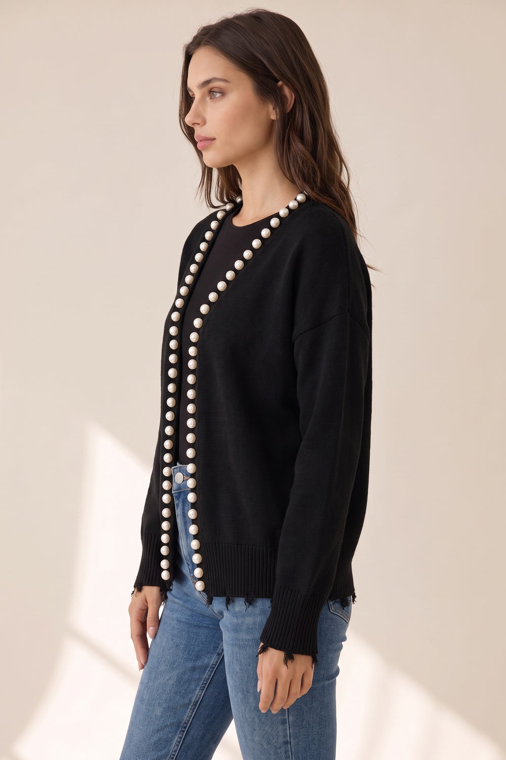Black Knit Cardigan with Pearl Trim and Frayed Details black knit cardigan - product view 5