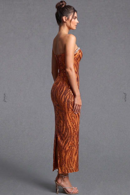Copper Sequined Mesh Column Dress copper, bronze sequined mesh dress - product view 5