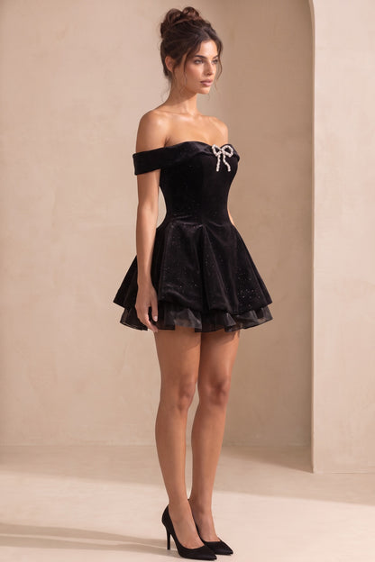 Black Velvet Fit-and-Flare Mini Dress with Rhinestone Bow black velvet dress - product view 5
