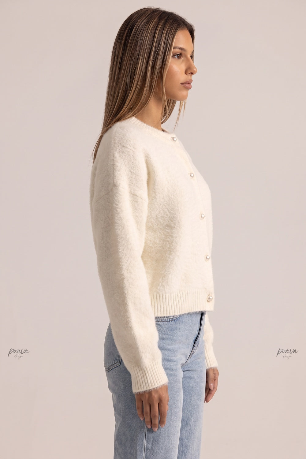 Cream Fuzzy Knit Boxy Drop-Shoulder Cardigan cream, off-white fuzzy knit cardigan - product view 4