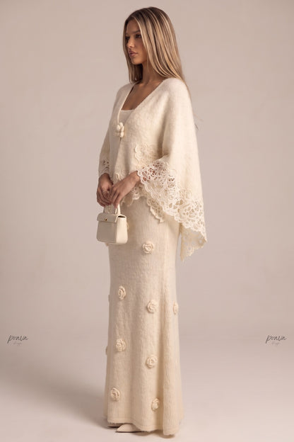 Cream Fuzzy Mohair-Blend Two-Piece Knit Set with Capelet and Rose Appliqué Maxi Dress cream, off-white fuzzy mohair-blend knit two-piece knit set (capelet and maxi dress) - product view 5
