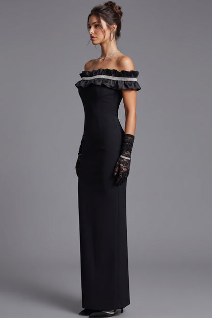 Black Structured Crepe Column Gown with Rhinestone Ruffle black structured crepe gown - product view 5
