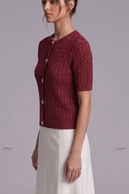 Burgundy Cable-Knit Wool Blend Fitted Short-Sleeve Cardigan burgundy cable-knit wool blend cardigan - product view 5