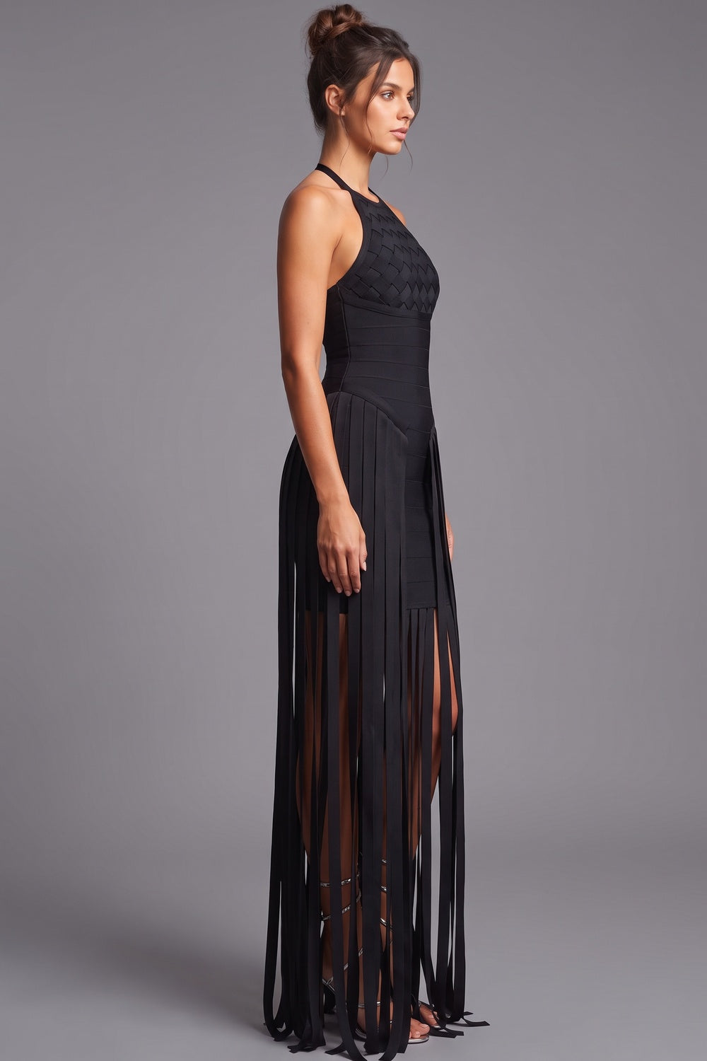 Black Bandage Knit Bodycon Gown with Fringe Overlay black bandage knit gown - product view 5