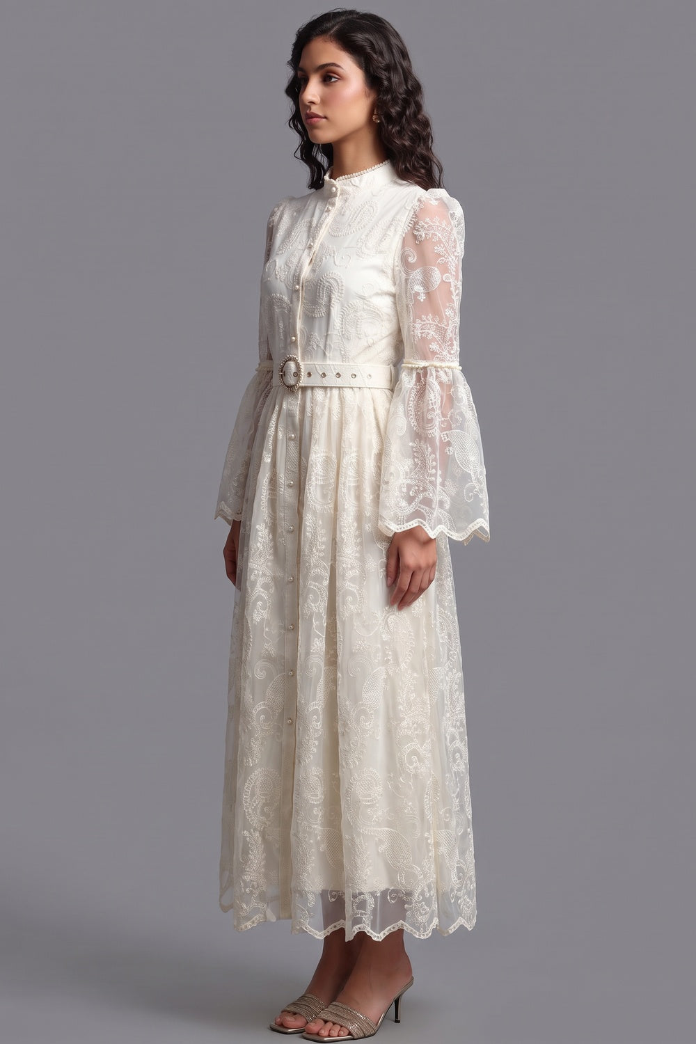 Cream Embroidered Floral Lace A-Line Dress Cream, Off-white Embroidered floral lace Dress - product view 5