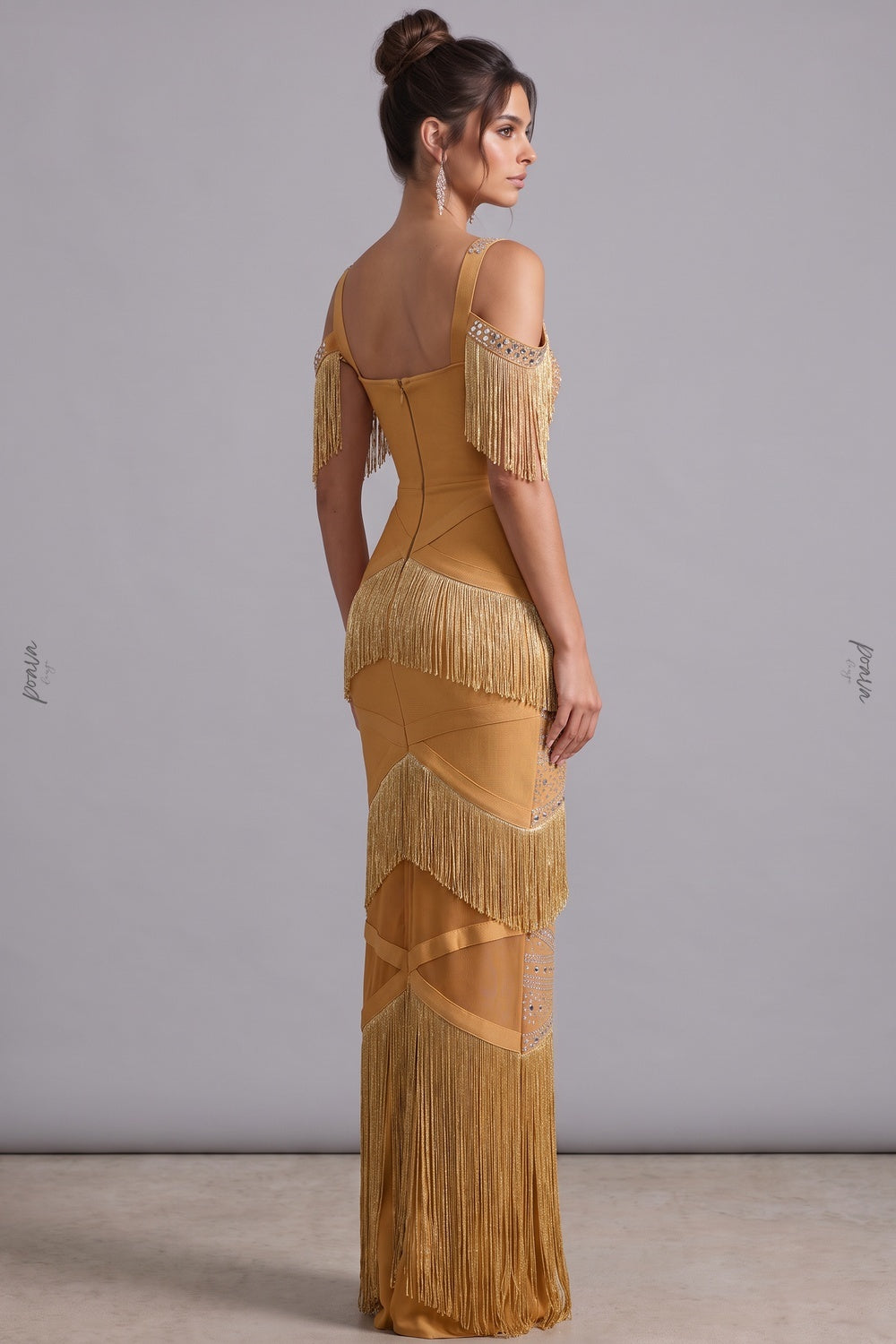 Mustard Gold Fringe Evening Gown with Rhinestone Embellishment mustard gold heavy stretch bandage knit evening gown - product view 5