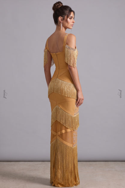 Mustard Gold Fringe Evening Gown with Rhinestone Embellishment mustard gold heavy stretch bandage knit evening gown - product view 5