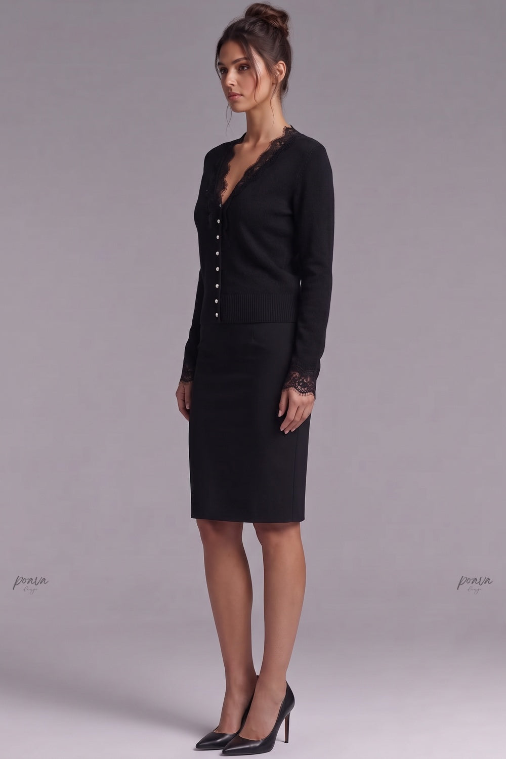 Black Fine Knit Fitted Cardigan with Lace Trim black fine knit cardigan - product view 5