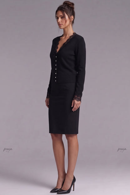 Black Fine Knit Fitted Cardigan with Lace Trim black fine knit cardigan - product view 5