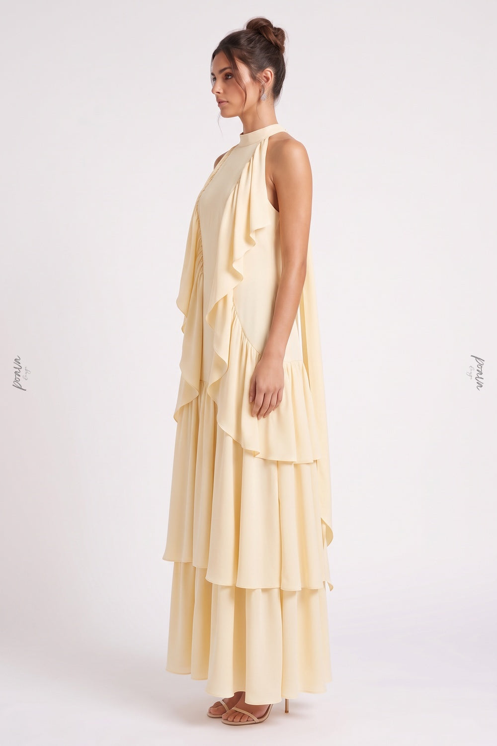 Pale Yellow Tiered A-Line Maxi Dress with Cascading Ruffles pale yellow lightweight crepe or georgette maxi dress - product view 5