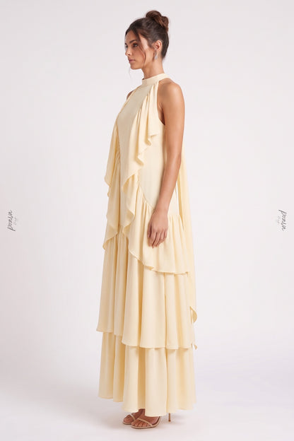 Pale Yellow Tiered A-Line Maxi Dress with Cascading Ruffles pale yellow lightweight crepe or georgette maxi dress - product view 5