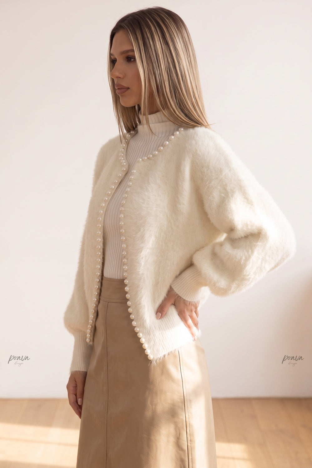 Off-White Fuzzy Mohair-Style Knit Cardigan with Pearl Trim off-white fuzzy mohair-style knit cardigan - product view 5