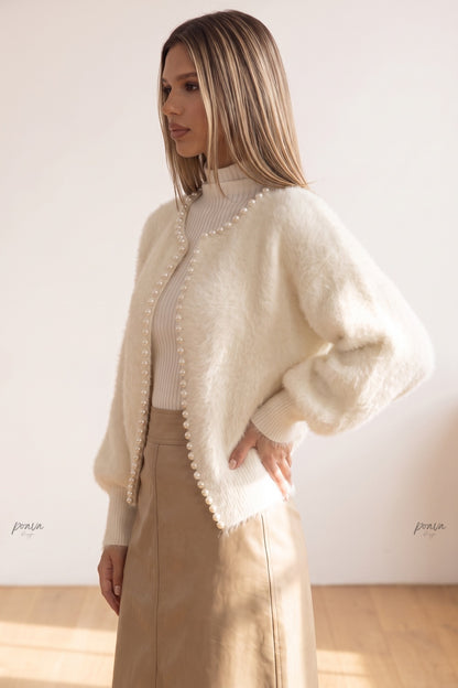 Off-White Fuzzy Mohair-Style Knit Cardigan with Pearl Trim off-white fuzzy mohair-style knit cardigan - product view 5