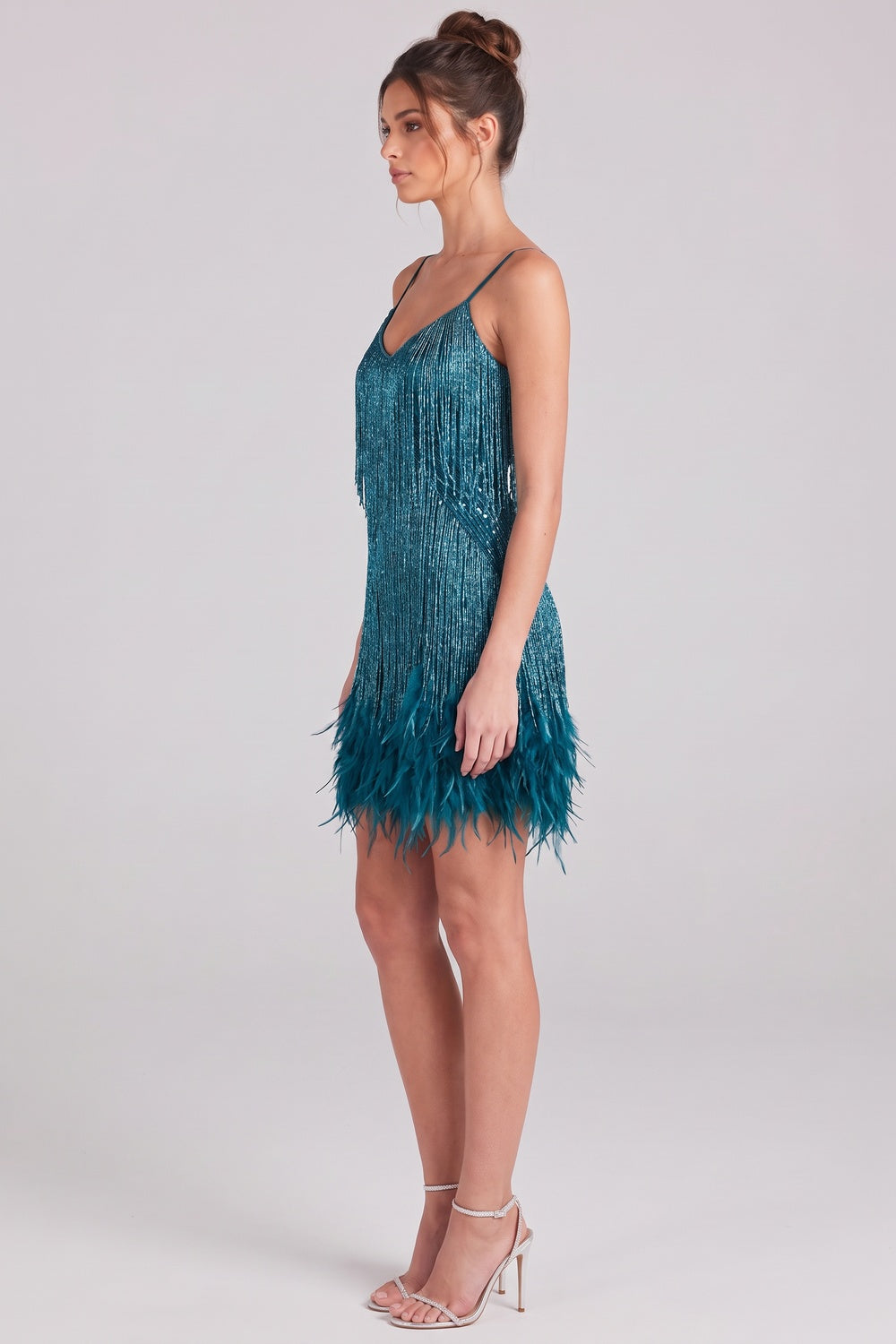 teal metallic fringe fitted shift dress teal metallic fringe dress - product view 5