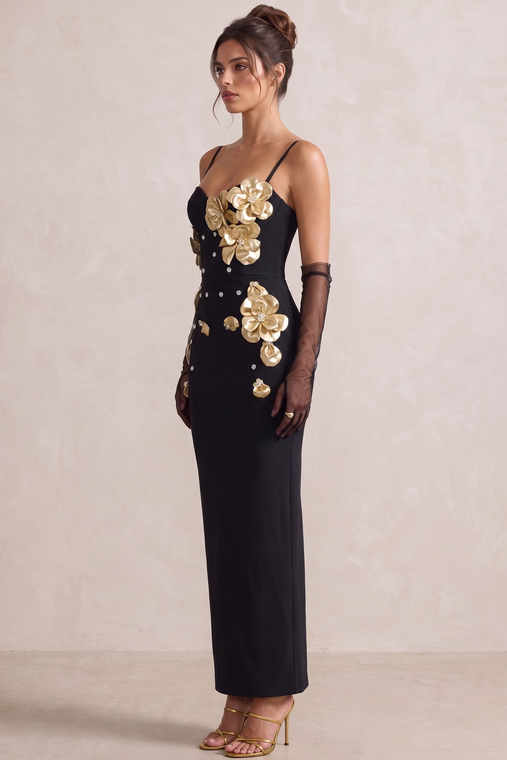 Black Heavy Crepe Column Dress with 3D Metallic Gold Flowers black heavy crepe dress - product view 5