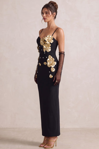 Black Heavy Crepe Column Dress with 3D Metallic Gold Flowers black heavy crepe dress - product view 5