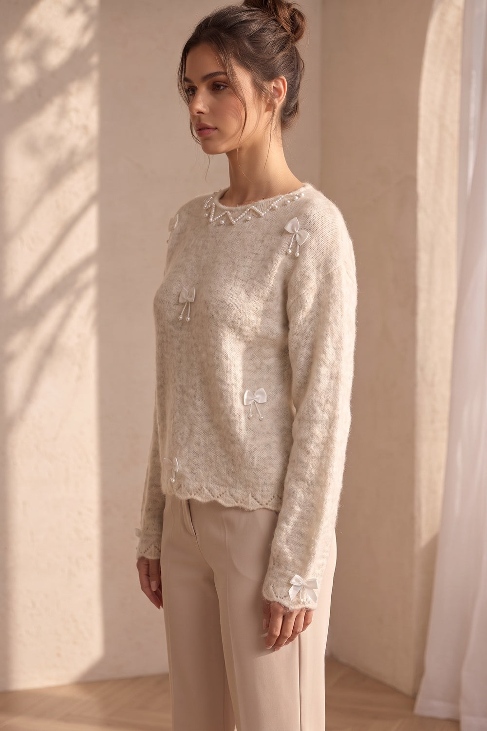 Cream Mohair-Blend Knit Sweater with Pearl and Ribbon Details cream, off-white mohair-blend knit sweater - product view 5