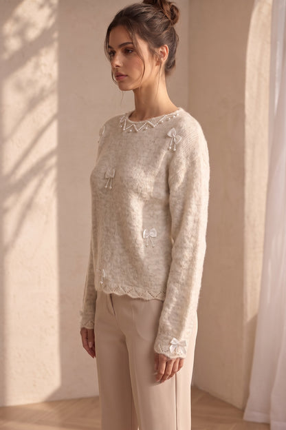 Cream Mohair-Blend Knit Sweater with Pearl and Ribbon Details cream, off-white mohair-blend knit sweater - product view 5