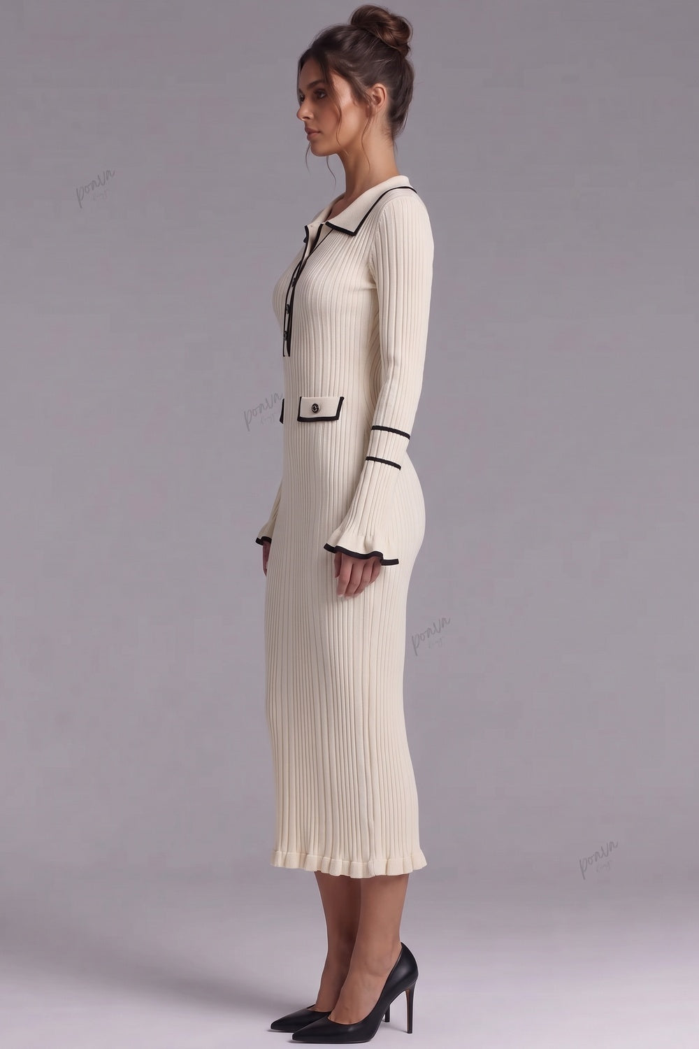Cream Ribbed Knit Column Dress with Black Contrast Trim cream ribbed knit dress - product view 5