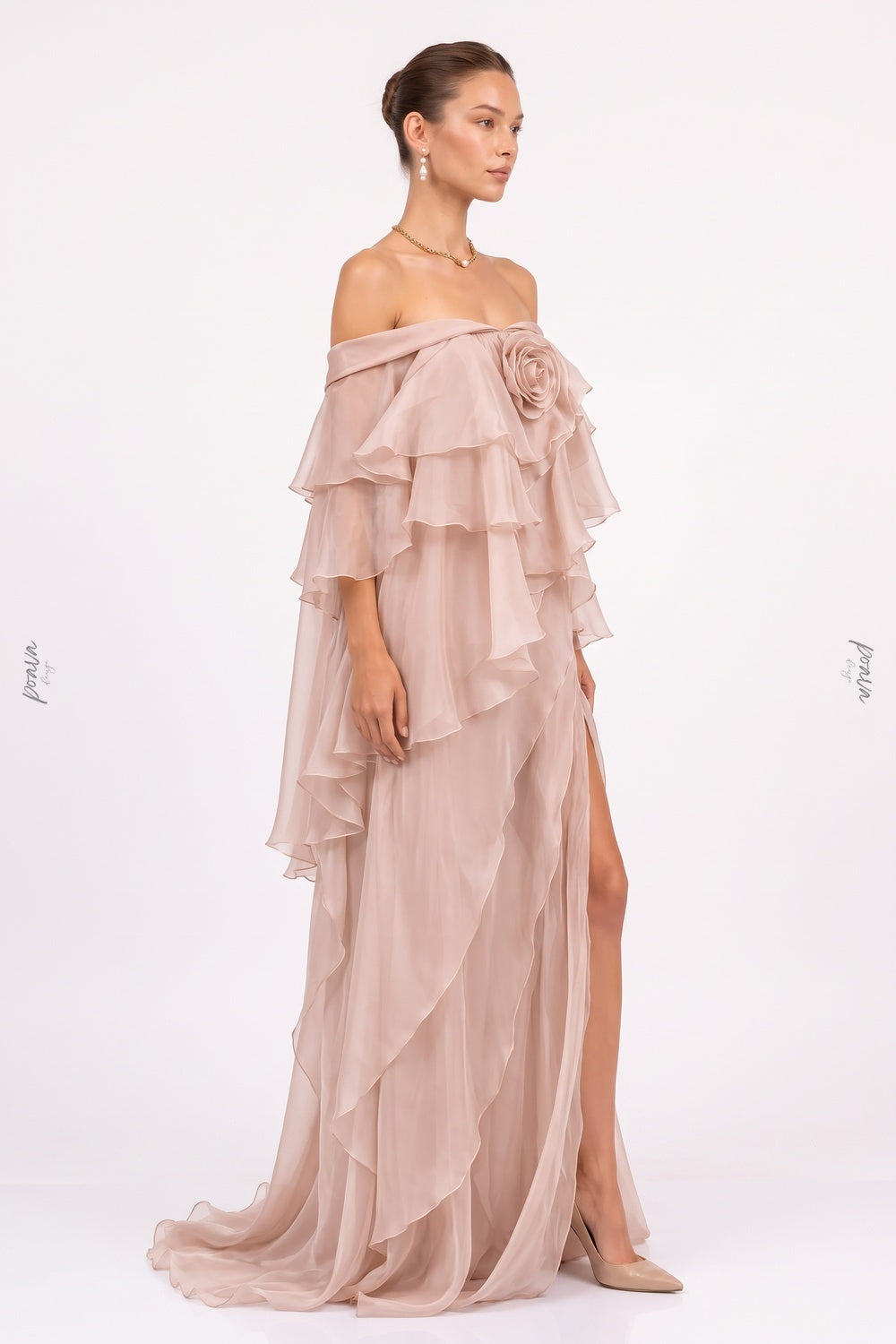 Dusty Pink Chiffon Flowing A-Line Gown with High Slit dusty pink chiffon gown - product view 5