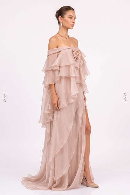 Dusty Pink Chiffon Flowing A-Line Gown with High Slit dusty pink chiffon gown - product view 5