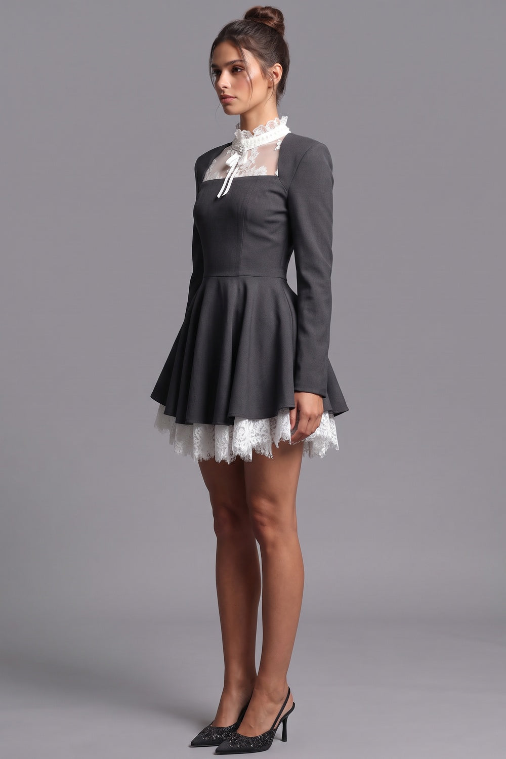 Dark Grey Structured Woven Suiting Fit-and-Flare Mini Dress dark grey structured woven suiting fabric mini dress - product view 5