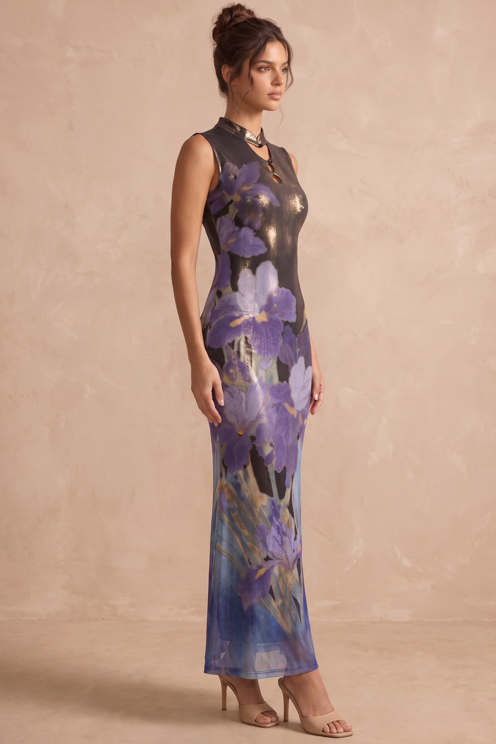 Black Printed Mesh Sheath Maxi Dress with Keyhole Neckline black, purple printed mesh maxi dress - product view 5