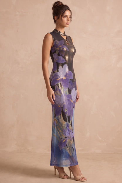 Black Printed Mesh Sheath Maxi Dress with Keyhole Neckline black, purple printed mesh maxi dress - product view 5