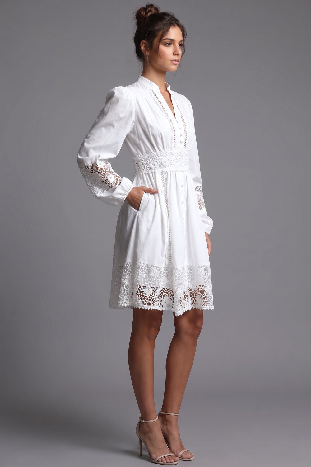 White Cotton Poplin Fit-and-Flare Dress with Lace Inserts white cotton poplin dress - product view 5